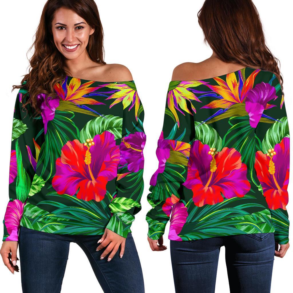 Purple Tropical Pattern Print Off Shoulder Sweatshirt GearFrost