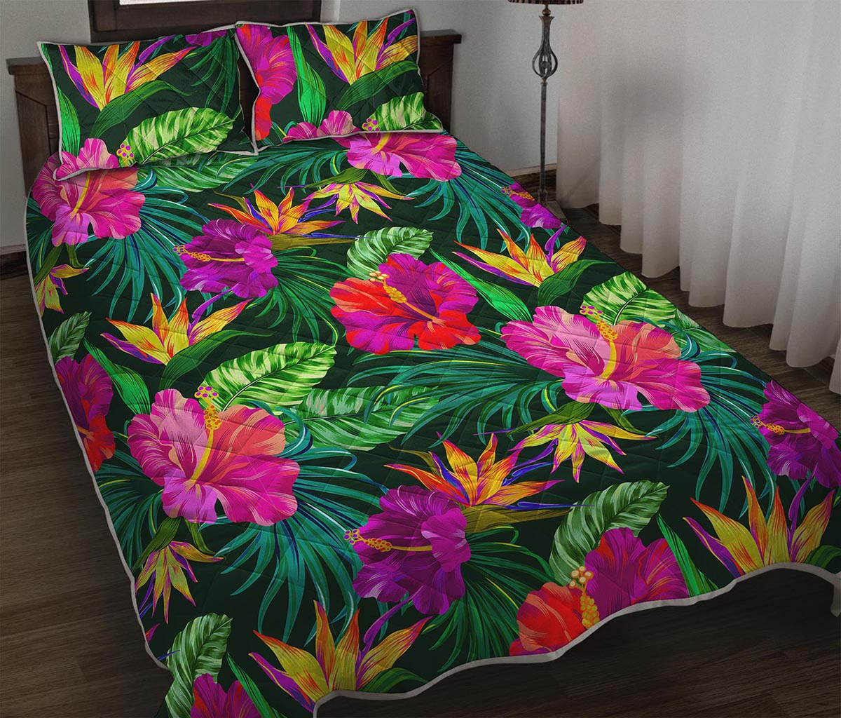 Purple Tropical Pattern Print Quilt Bed Set