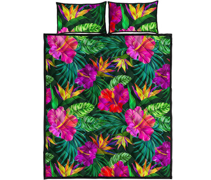Purple Tropical Pattern Print Quilt Bed Set