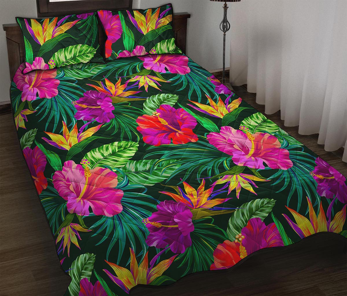 Purple Tropical Pattern Print Quilt Bed Set