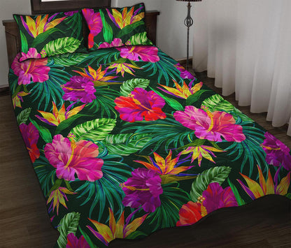 Purple Tropical Pattern Print Quilt Bed Set