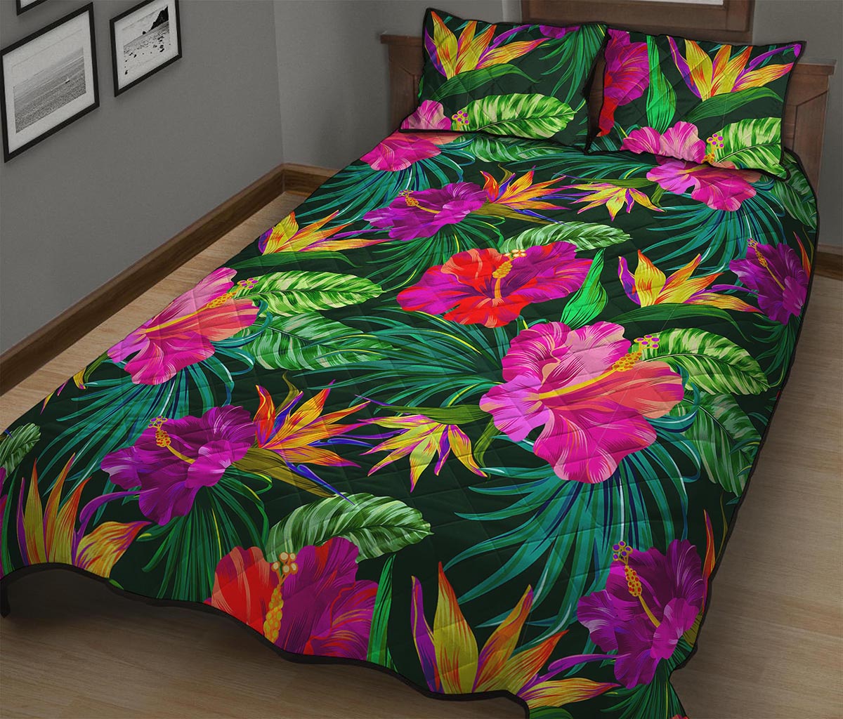 Purple Tropical Pattern Print Quilt Bed Set
