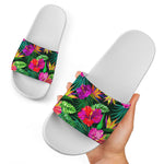 Purple Tropical Pattern Print White Slide Sandals