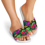 Purple Tropical Pattern Print White Slide Sandals