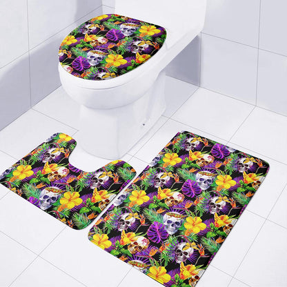 Purple Tropical Skull Pattern Print 3 Piece Bath Mat Set