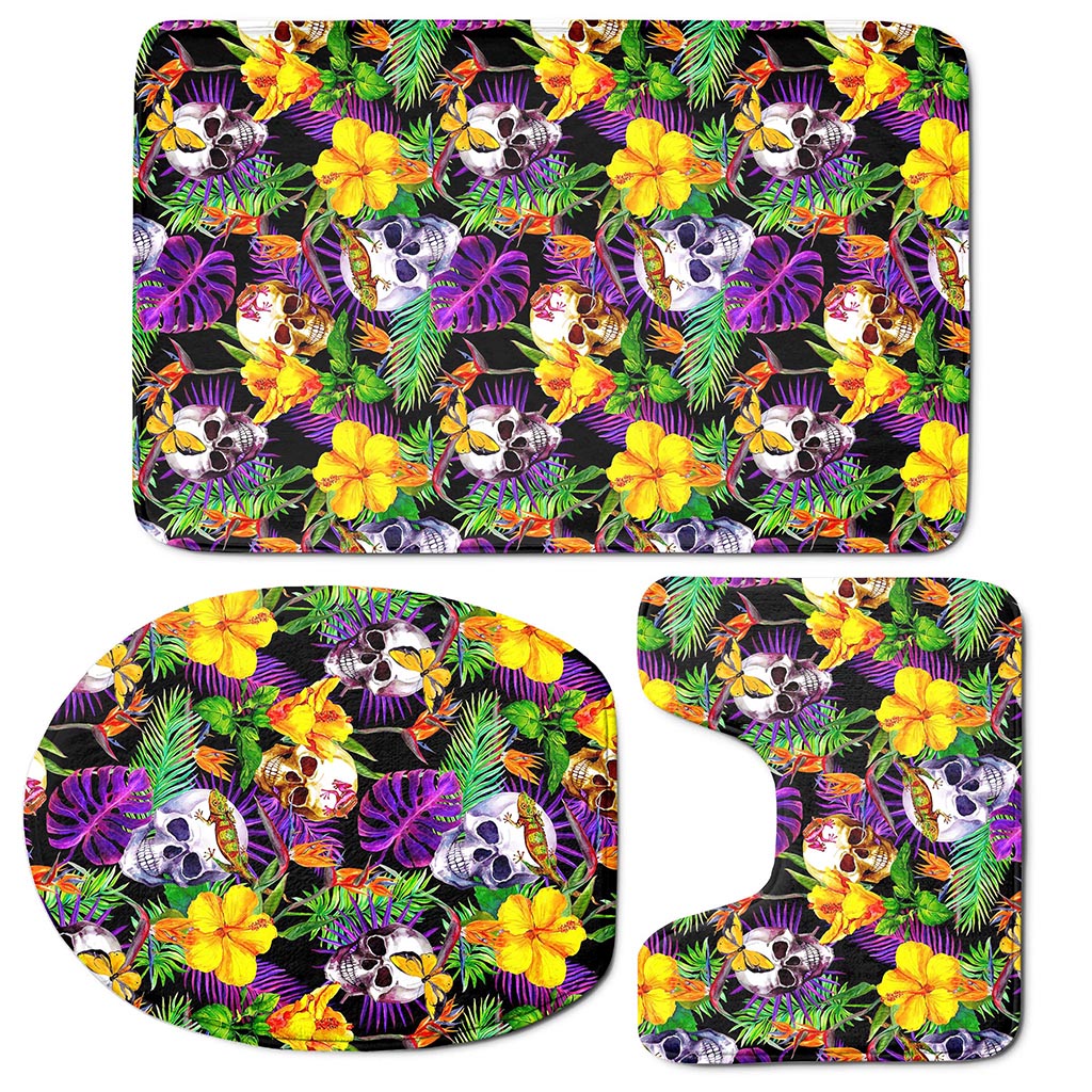 Purple Tropical Skull Pattern Print 3 Piece Bath Mat Set
