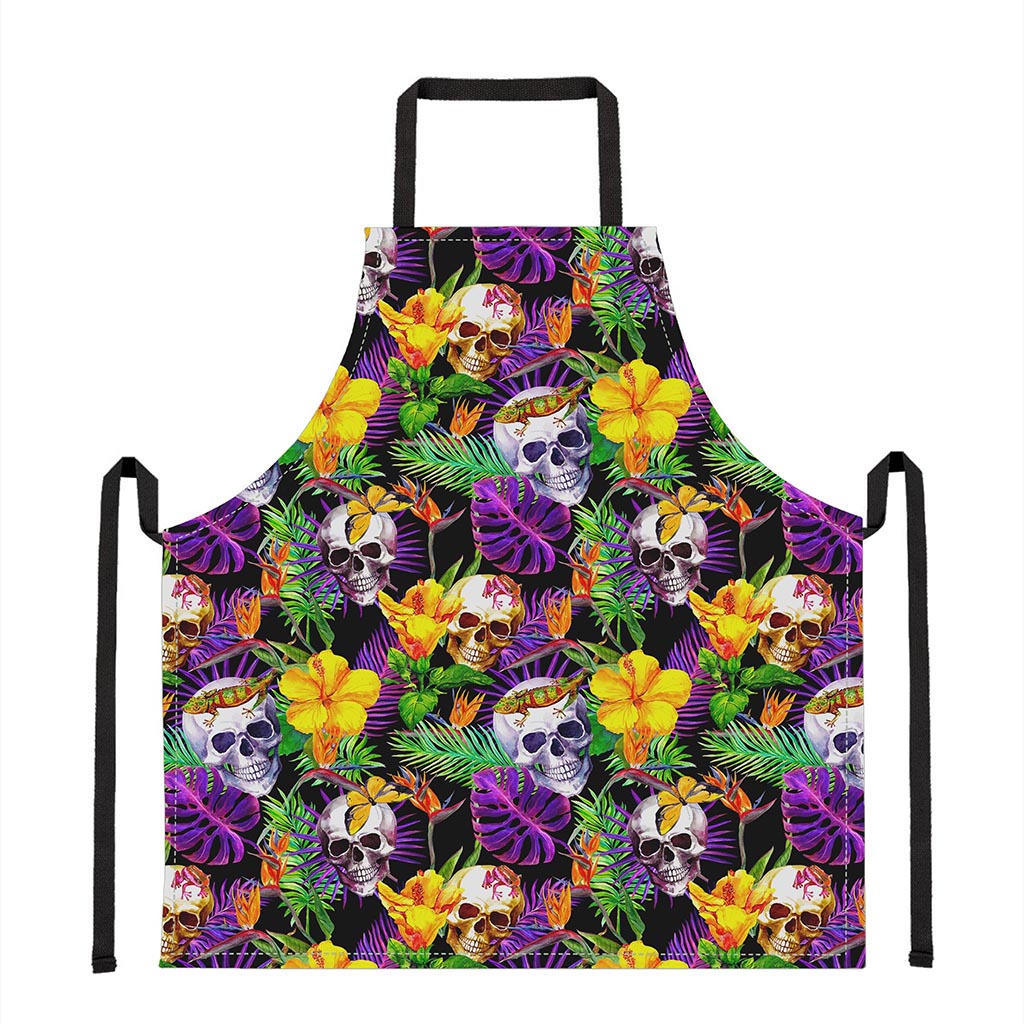 Purple Tropical Skull Pattern Print Apron