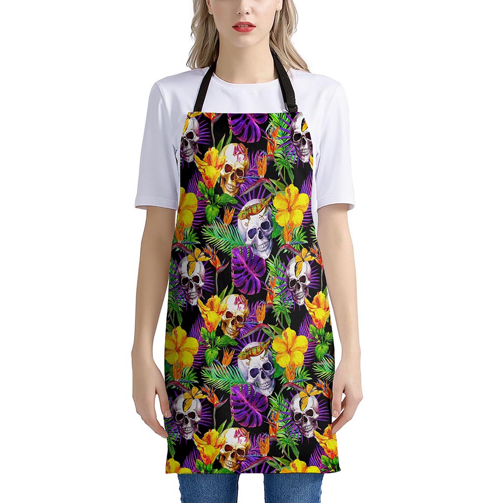 Purple Tropical Skull Pattern Print Apron