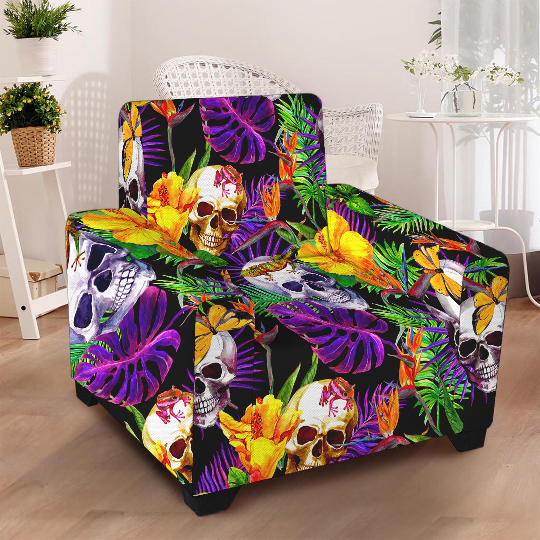 Purple Tropical Skull Pattern Print Armchair Slipcover