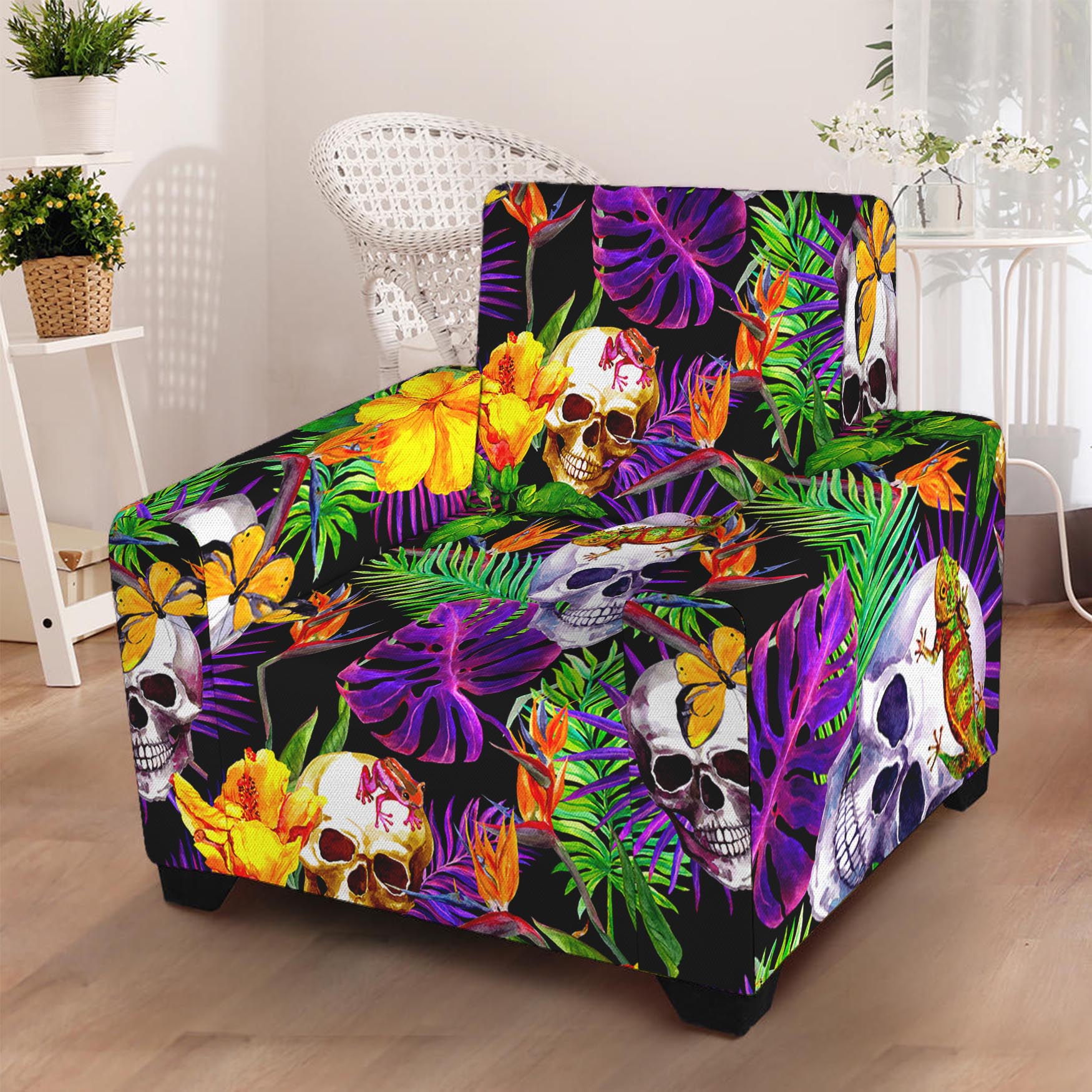 Purple Tropical Skull Pattern Print Armchair Slipcover