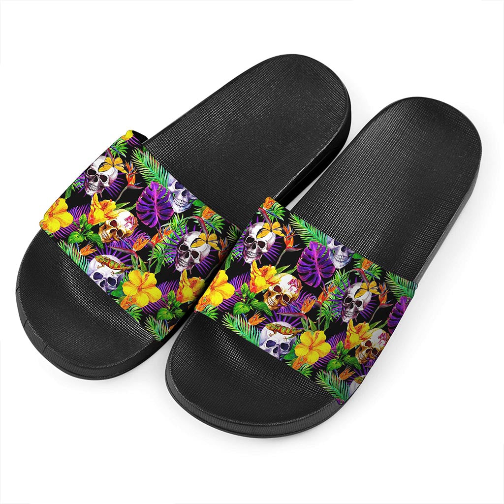 Purple Tropical Skull Pattern Print Black Slide Sandals