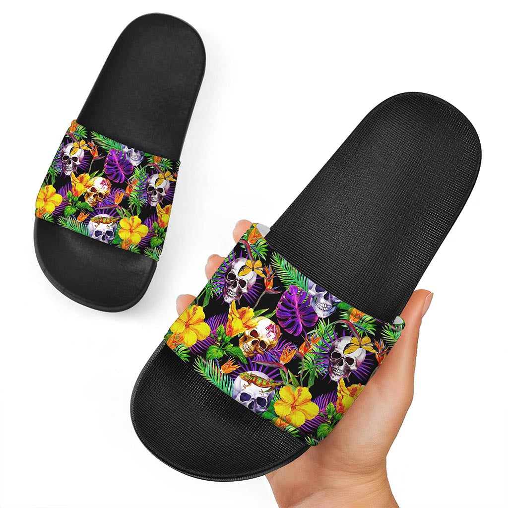 Purple Tropical Skull Pattern Print Black Slide Sandals
