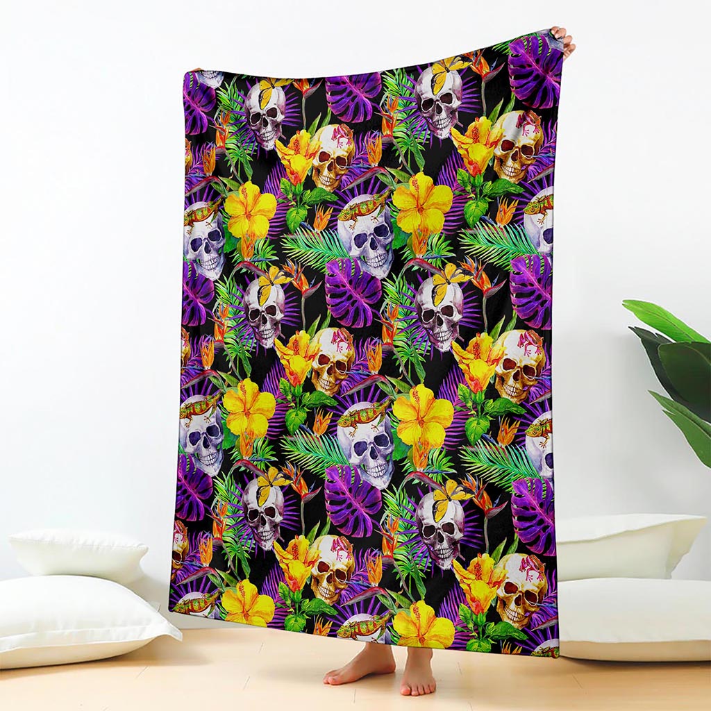 Purple Tropical Skull Pattern Print Blanket