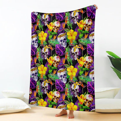 Purple Tropical Skull Pattern Print Blanket