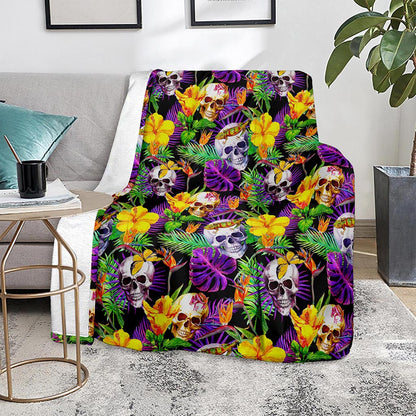 Purple Tropical Skull Pattern Print Blanket