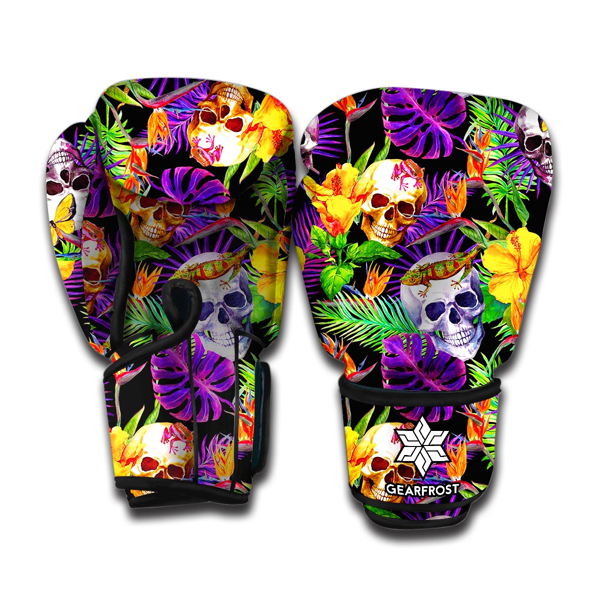 Purple Tropical Skull Pattern Print Boxing Gloves