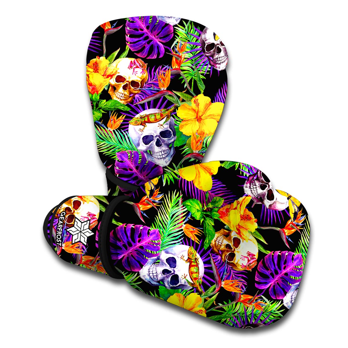 Purple Tropical Skull Pattern Print Boxing Gloves