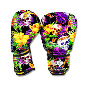 Purple Tropical Skull Pattern Print Boxing Gloves