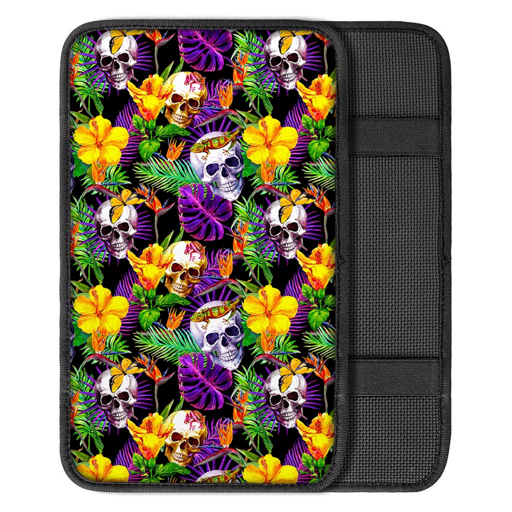 Purple Tropical Skull Pattern Print Car Center Console Cover