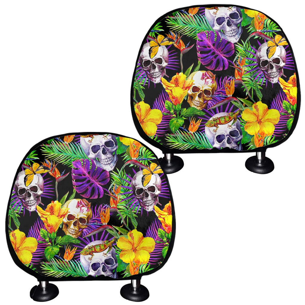 Purple Tropical Skull Pattern Print Car Headrest Covers