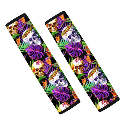 Purple Tropical Skull Pattern Print Car Seat Belt Covers