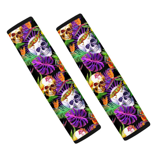 Purple Tropical Skull Pattern Print Car Seat Belt Covers