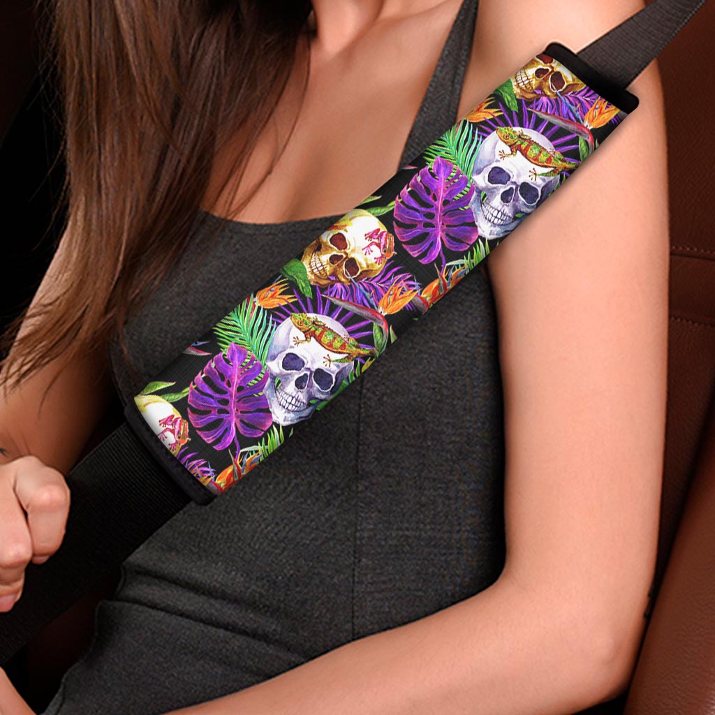 Purple Tropical Skull Pattern Print Car Seat Belt Covers