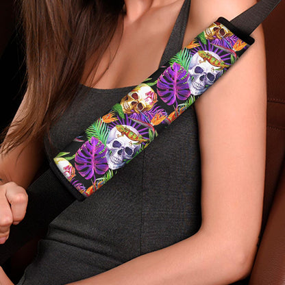 Purple Tropical Skull Pattern Print Car Seat Belt Covers