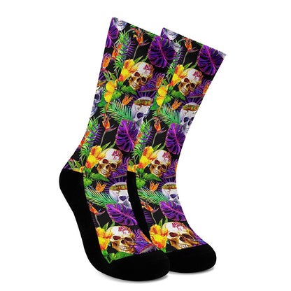 Purple Tropical Skull Pattern Print Crew Socks
