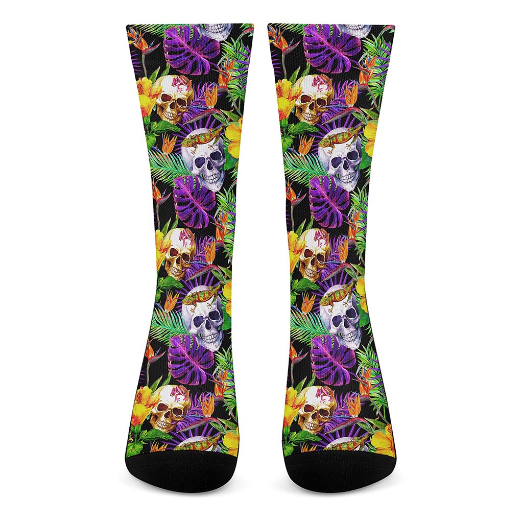 Purple Tropical Skull Pattern Print Crew Socks