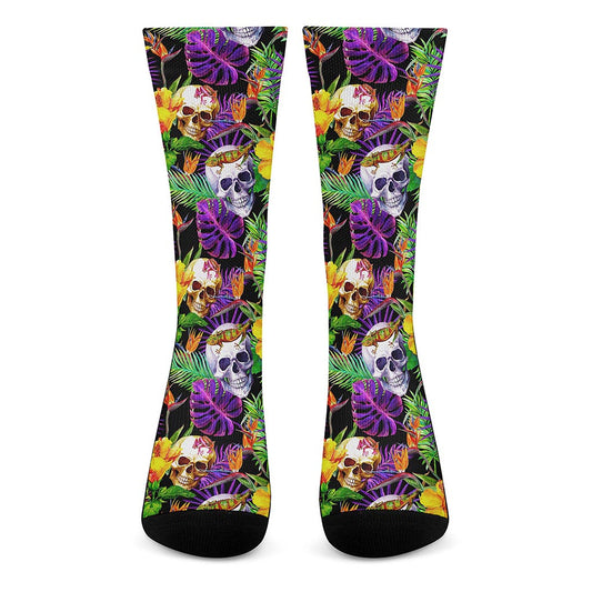 Purple Tropical Skull Pattern Print Crew Socks