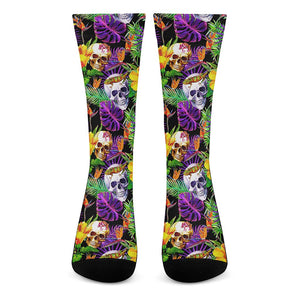 Purple Tropical Skull Pattern Print Crew Socks