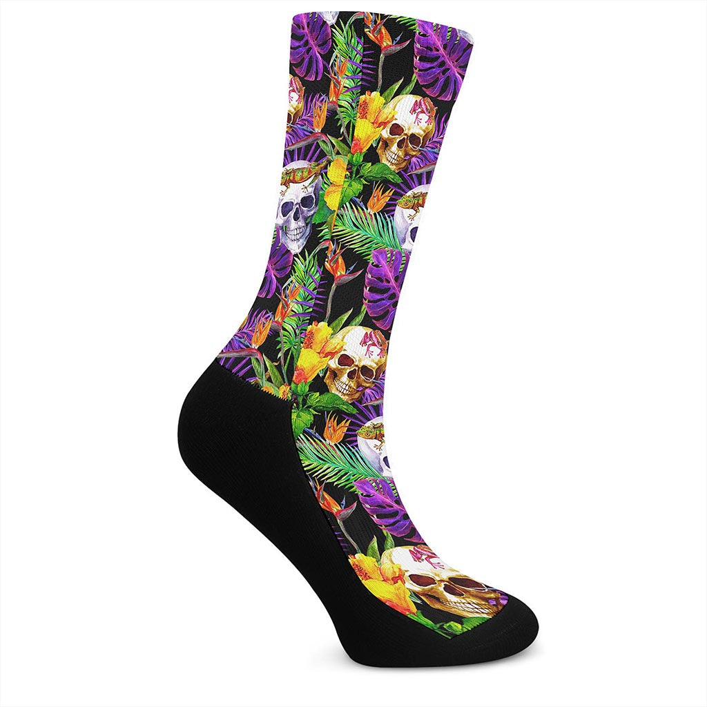 Purple Tropical Skull Pattern Print Crew Socks