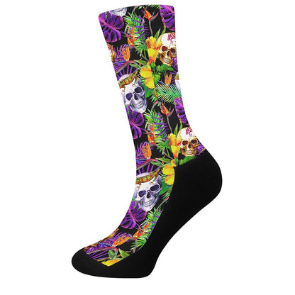 Purple Tropical Skull Pattern Print Crew Socks