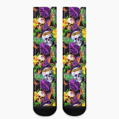 Purple Tropical Skull Pattern Print Crew Socks
