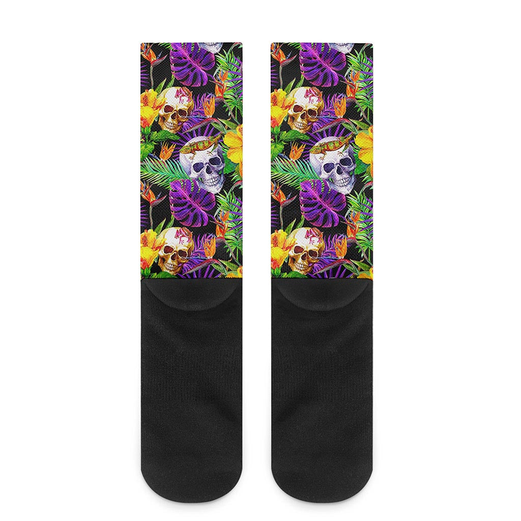 Purple Tropical Skull Pattern Print Crew Socks