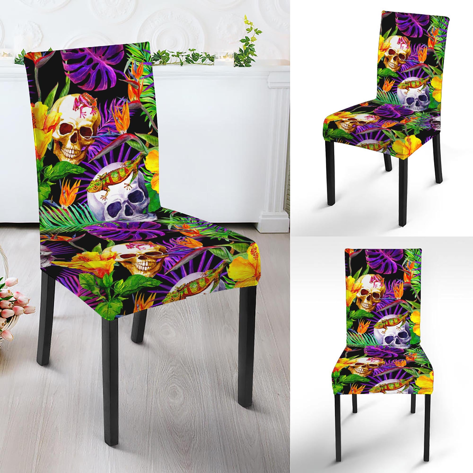 Purple Tropical Skull Pattern Print Dining Chair Slipcover