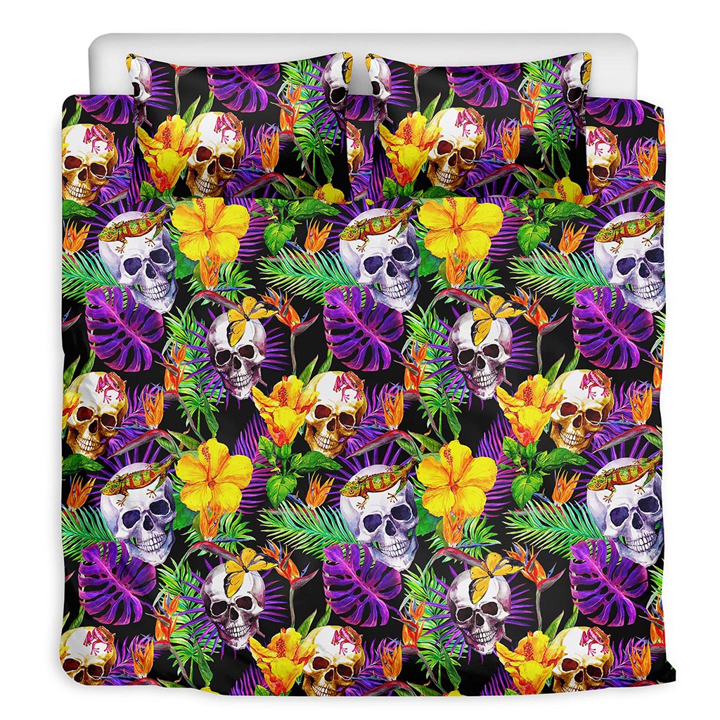 Purple Tropical Skull Pattern Print Duvet Cover Bedding Set