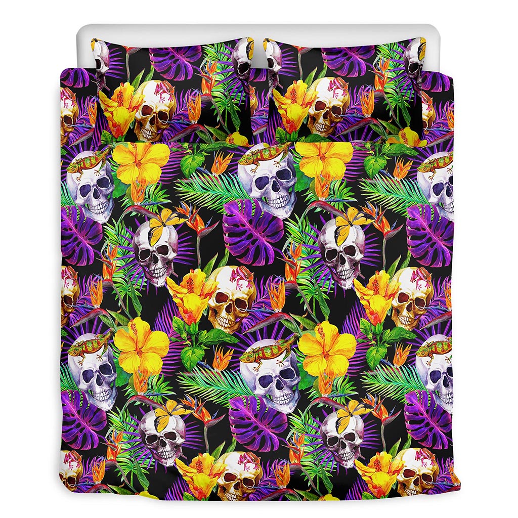 Purple Tropical Skull Pattern Print Duvet Cover Bedding Set