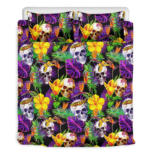 Purple Tropical Skull Pattern Print Duvet Cover Bedding Set