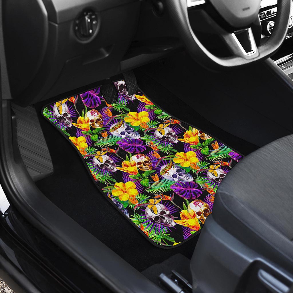 Purple Tropical Skull Pattern Print Front and Back Car Floor Mats