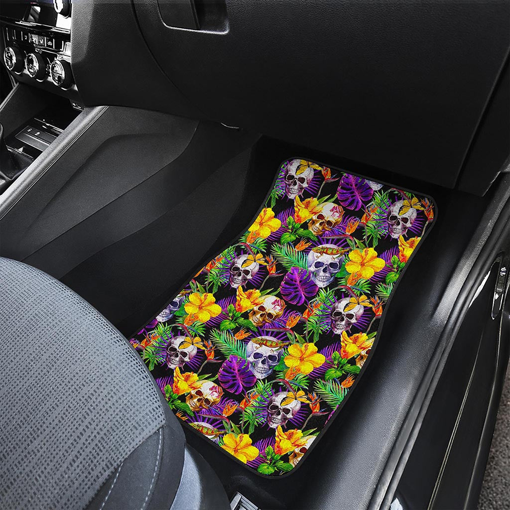 Purple Tropical Skull Pattern Print Front and Back Car Floor Mats