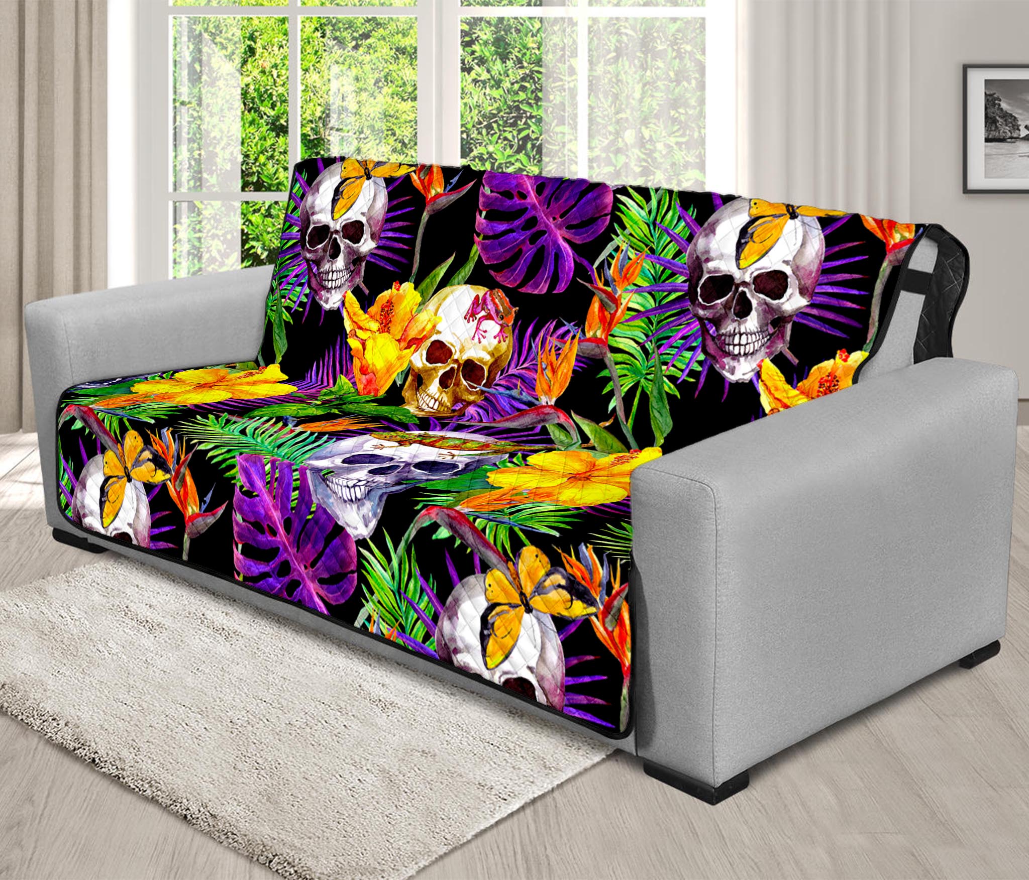 Purple Tropical Skull Pattern Print Futon Protector