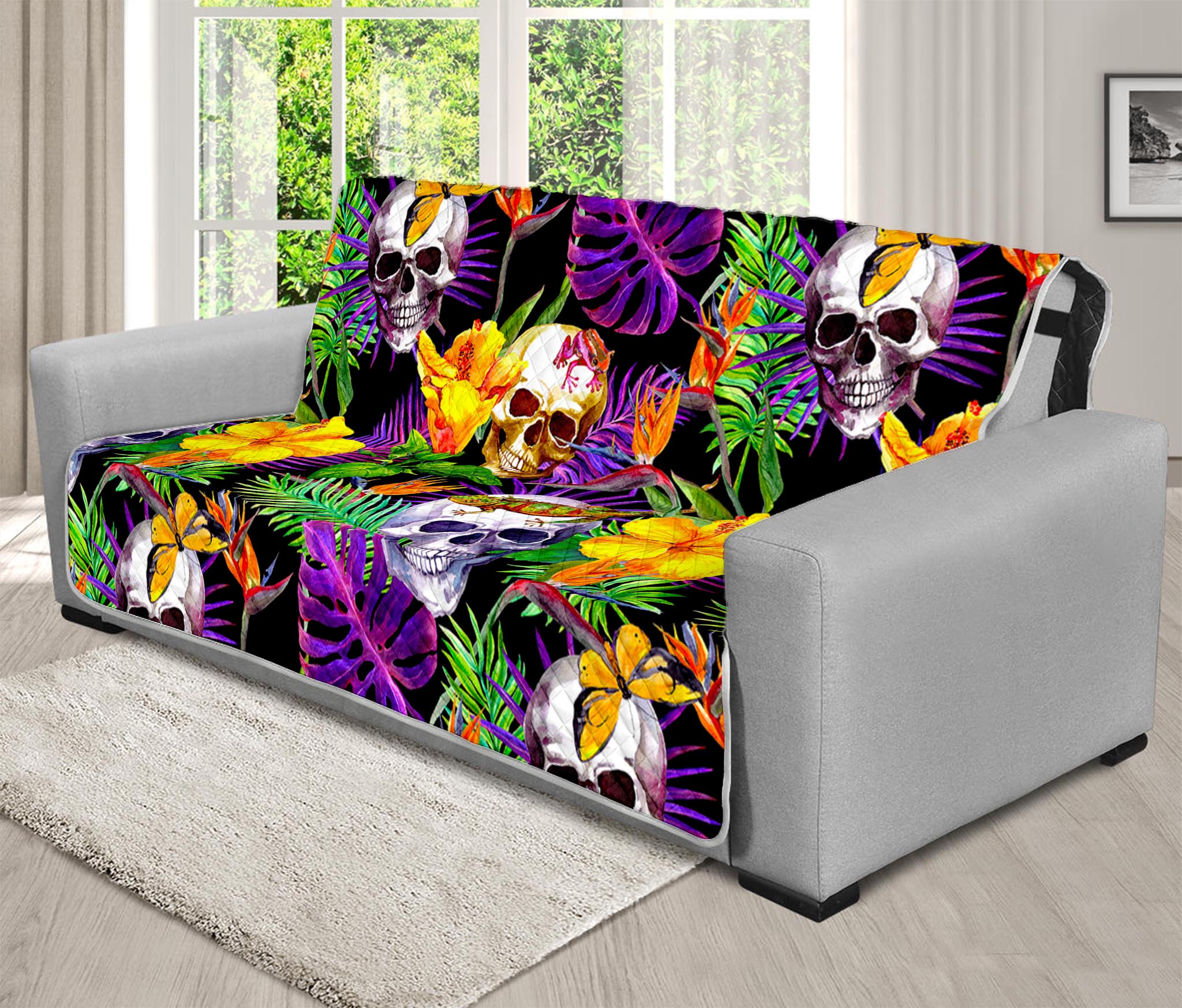 Purple Tropical Skull Pattern Print Futon Protector