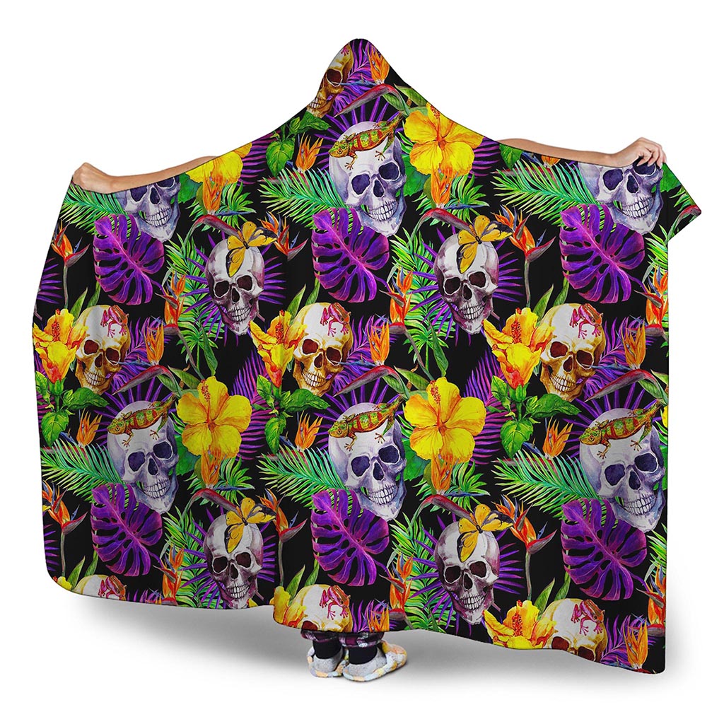 Purple Tropical Skull Pattern Print Hooded Blanket