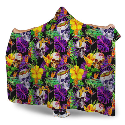 Purple Tropical Skull Pattern Print Hooded Blanket