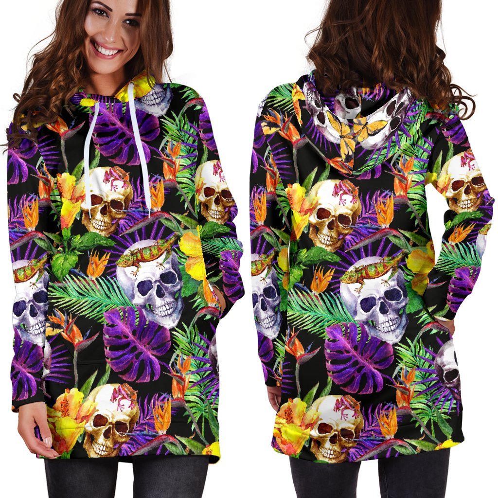 Purple Tropical Skull Pattern Print Hoodie Dress GearFrost