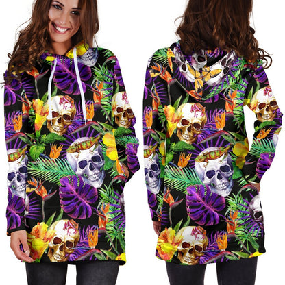Purple Tropical Skull Pattern Print Hoodie Dress GearFrost