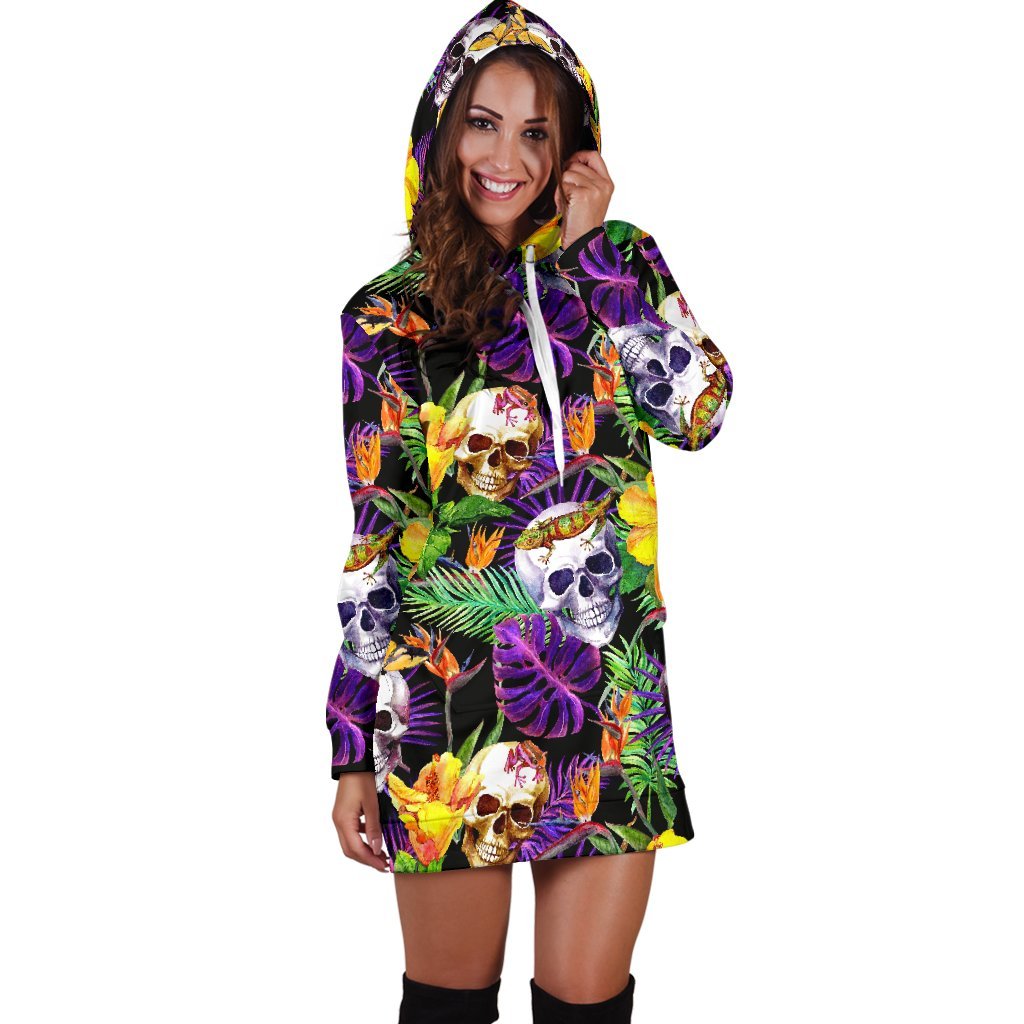 Purple Tropical Skull Pattern Print Hoodie Dress GearFrost