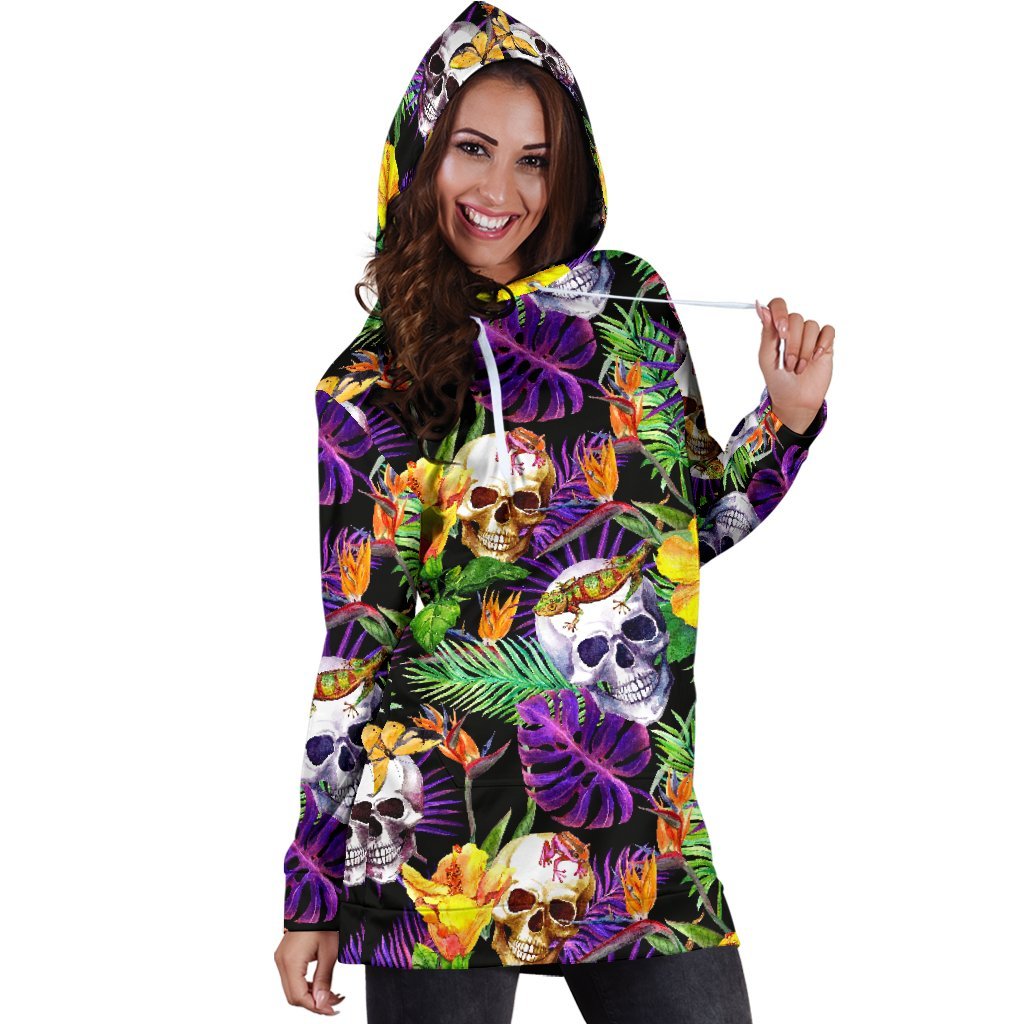 Purple Tropical Skull Pattern Print Hoodie Dress GearFrost